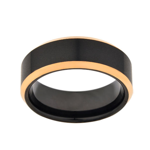 Black Tungsten Wedding Band -Rose Gold - Beveled Edges - Black Brushed Ring - 8mm Ring - Mens Ring - LUXURY BANDS LA