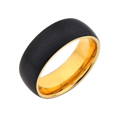 Black Brushed Tungsten Wedding Band - Yellow Gold Interior - 8mm Ring - Unique - Comfort Fit - LUXURY BANDS LA