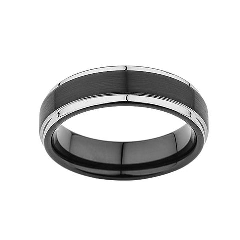 Black Tungsten Wedding Band - 6MM - Silver - Stepped Edges - Unique - Mens Ring - LUXURY BANDS LA