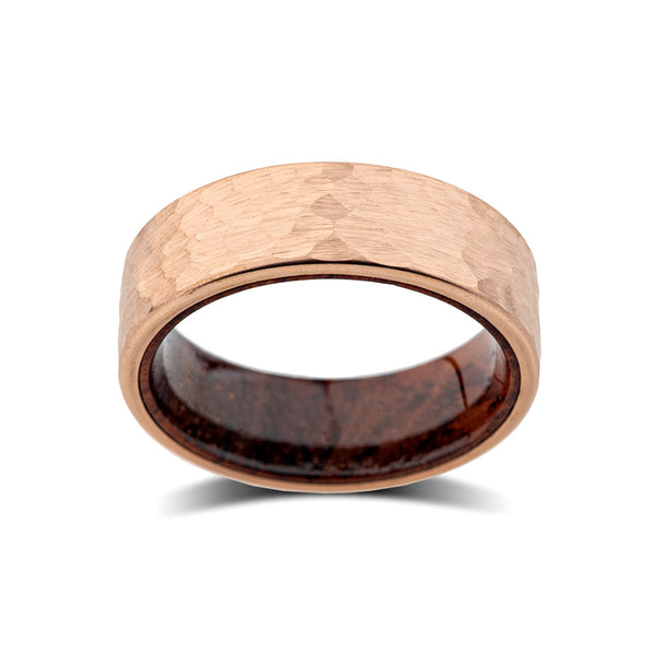 Mens Rose Gold Tungsten Band - Hawiian Koa Wood Ring - Hammer Finish - Satin Brushed