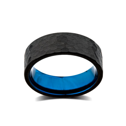 Blue Tungsten Wedding Band - Black Brushed Mens Ring - Hammer Finish Edges - 8mm - Tungsten Carbide