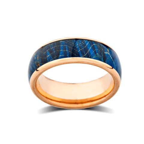 Blue Koa Wood Tungsten Band - Rose Gold - Blue Wood Tungsten Ring - Hawaiian - 8mm