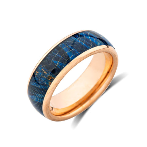 Blue Koa Wood Tungsten Band - Rose Gold - Blue Wood Tungsten Ring - Hawaiian - 8mm