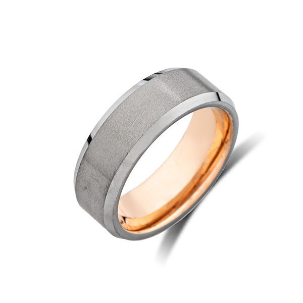 Mens Tungsten Wedding Band - Rose Gold - Gray Brushed Tungsten Ring - Mens - Engagement Band - Comfort Fit