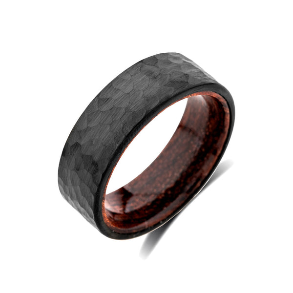 Koa Wood Wedding Ring - Hammer Finish - Satin Black Brushed - Tungsten Band - Hawaiian Koa Wood - 8mm