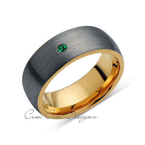 8mm,Mens,Green Emerald,Gray Brushed,Yellow Gold,Tungsten Ring,Yellow Gold,Birthstone,Wedding Band,Comfort Fit - LUXURY BANDS LA