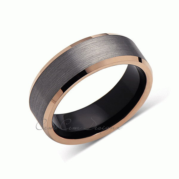 8mm,Gray Gun Metal Brushed,Rose Gold Edges,Tungsten RIng,Rose Gold,Unisex,Wedding Band,Comfort Fit - LUXURY BANDS LA