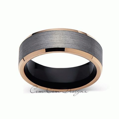 8mm,Gray Gun Metal Brushed,Rose Gold Edges,Tungsten RIng,Rose Gold,Unisex,Wedding Band,Comfort Fit - LUXURY BANDS LA