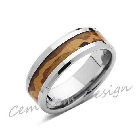 Tungsten Wedding Band - Camo - 8mm-  Mens Wedding Band - Camouflage Inlay - Unique Ring - LUXURY BANDS LA