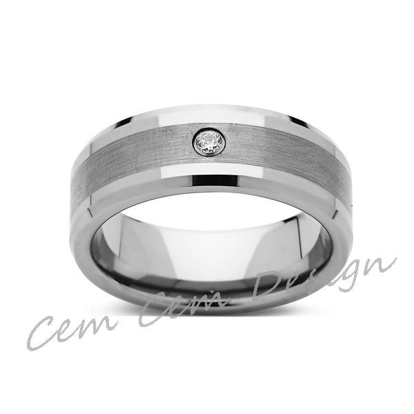 White Gold Tungsten Ring 8mm,Mens,Brushed Gray,Diamond,White Gold