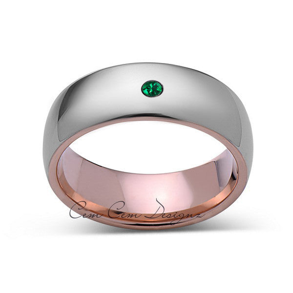8mm,Mens,Green Emerald,Gray,Rose Gold,Tungsten Ring,Rose Gold,Birthstone,Wedding Band,Comfort Fit - LUXURY BANDS LA