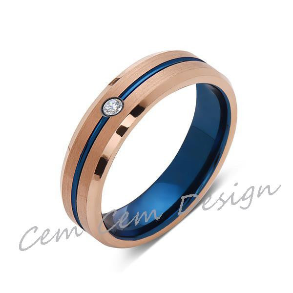 6mm,Diamond,Brushed Rose Gold,Blue,Tungsten Ring,Mens Wedding Band,Blue Mens Ring - LUXURY BANDS LA