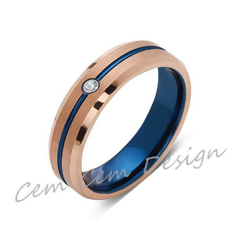 6mm,Diamond,Brushed Rose Gold,Blue,Tungsten Ring,Mens Wedding Band,Blue Mens Ring - LUXURY BANDS LA