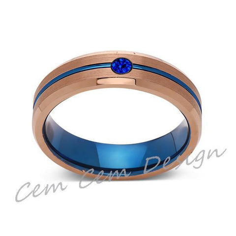 6mm,Blue Sapphire,Brushed Rose Gold,Blue,Tungsten Ring,Mens Wedding Band,Blue Mens Ring - LUXURY BANDS LA