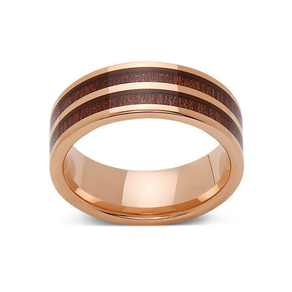 Koa Wood Wedding Ring - Rose Gold Tungsten Band - Hawaiian Koa Wood - 8mm - Mens - Comfort Fit - LUXURY BANDS LA