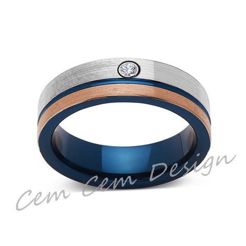 6mm,Diamond,Brushed Rose Gold,Gun Metal Gray and Blue,Tungsten Ring,Mens Wedding Band,Blue Mens Ring - LUXURY BANDS LA