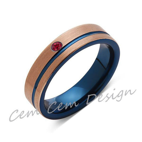 6mm,Red Ruby,Brushed Rose Gold and Blue,Tungsten Ring,Mens Wedding Band,Blue Mens Ring,Comfort Fit - LUXURY BANDS LA