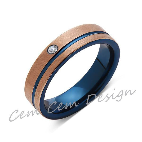 6mm,Diamond,Brushed Rose Gold and Blue,Tungsten Ring,Mens Wedding Band,Blue Mens Ring,Comfort Fit - LUXURY BANDS LA