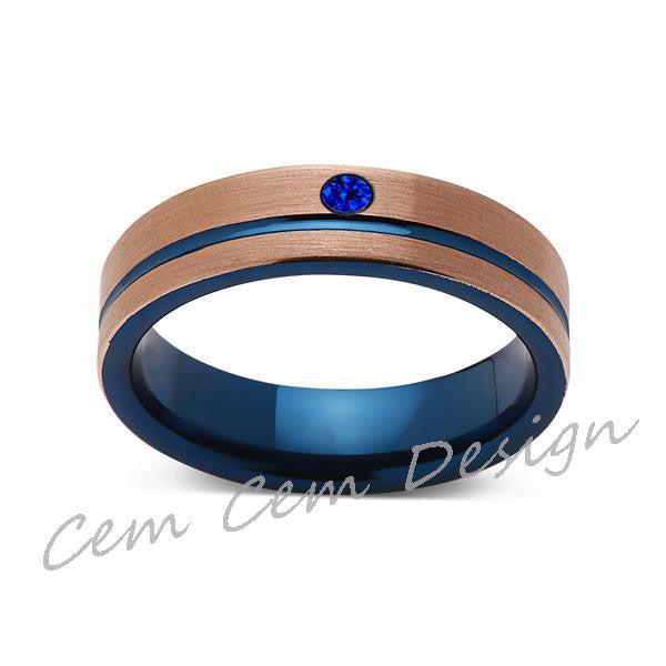 6mm,Blue Sapphire,Brushed Rose Gold and Blue,Tungsten Ring,Mens Wedding Band,Blue Mens Ring,Comfort Fit - LUXURY BANDS LA