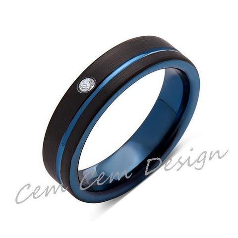 6mm,New,Diamond,Black Brushed, Blue Groove,Tungsten Ring,Mens Wedding Band,Blue Ring,Comfort Fit - LUXURY BANDS LA