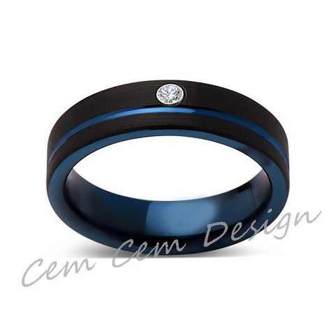 6mm,New,Diamond,Black Brushed, Blue Groove,Tungsten Ring,Mens Wedding Band,Blue Ring,Comfort Fit - LUXURY BANDS LA