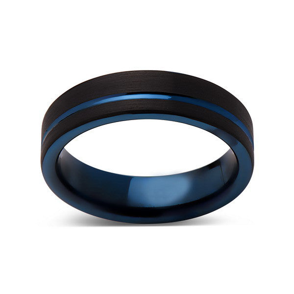 Blue Tungsten Wedding Band - Black Brushed Tungsten Ring - 6mm - Mens Ring - Tungsten Carbide - Engagement Band - Comfort Fit - LUXURY BANDS LA