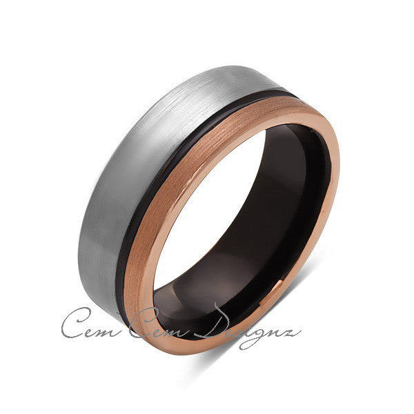 8mm,Unique,Gun Metal,Gray Brushed,Rose Gold Groove,Tungsten RIng,Unise