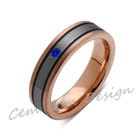 6mm,Blue Sapphire,New,Unique,Rose Brushed,Rose Gold, Black Grooves,Tungsten Ring,Mens Wedding Band,Comfort Fit - LUXURY BANDS LA