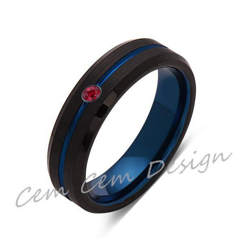 6mm,New,Red Ruby,Black Brushed, Blue Groove,Tungsten Ring,Mens Wedding Band,Blue Ring,Comfort Fit - LUXURY BANDS LA