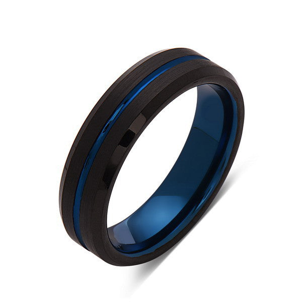 Blue Tungsten Wedding Band - Black Brushed Tungsten Ring - 6mm - Mens Ring - Tungsten Carbide - Engagement Band - Comfort Fit - LUXURY BANDS LA