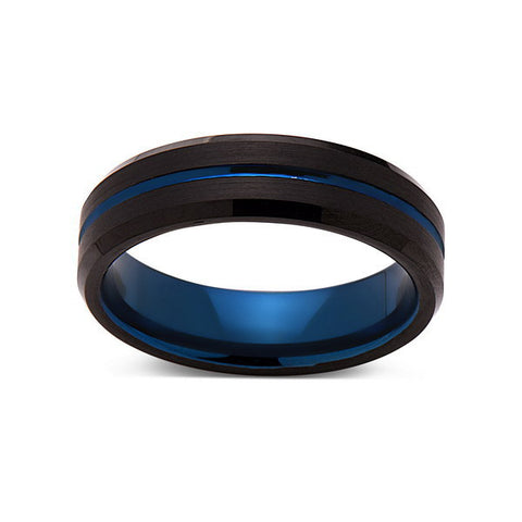 Blue Tungsten Wedding Band - Black Brushed Tungsten Ring - 6mm - Mens Ring - Tungsten Carbide - Engagement Band - Comfort Fit - LUXURY BANDS LA