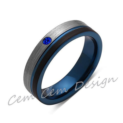6mm,Blue Sapphire,Brushed Gun Metal,Gray and Black,Blue Tungsten Ring,Mens Wedding Band,Comfort Fit - LUXURY BANDS LA