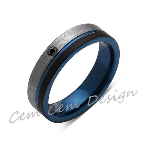 6mm,Black Diamond,Brushed Gun Metal,Gray and Black,Blue Tungsten Ring,Mens Wedding Band,Comfort Fit - LUXURY BANDS LA