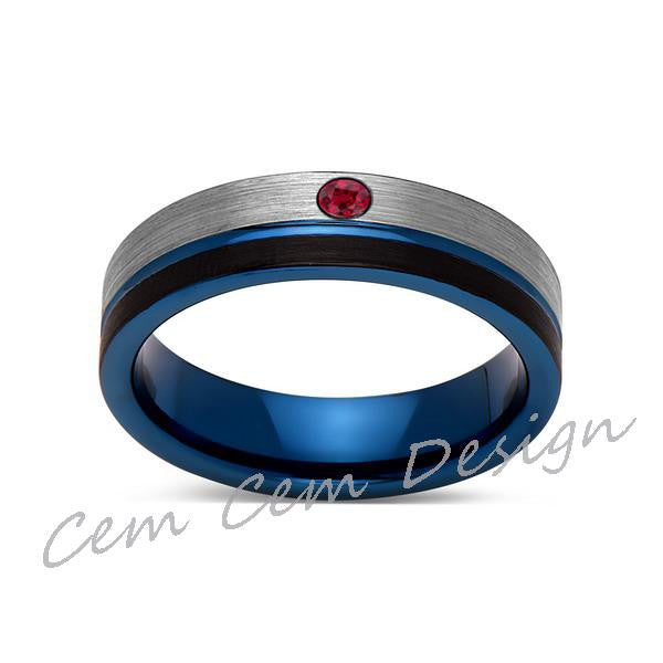 6mm,Red Ruby,Brushed Gun Metal,Gray and Black,Blue Tungsten Ring,Mens Wedding Band,Comfort Fit - LUXURY BANDS LA