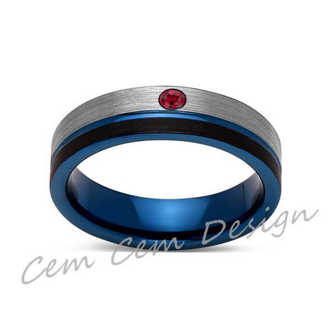 6mm,Red Ruby,Brushed Gun Metal,Gray and Black,Blue Tungsten Ring,Mens Wedding Band,Comfort Fit - LUXURY BANDS LA