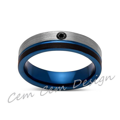 6mm,Black Diamond,Brushed Gun Metal,Gray and Black,Blue Tungsten Ring,Mens Wedding Band,Comfort Fit - LUXURY BANDS LA