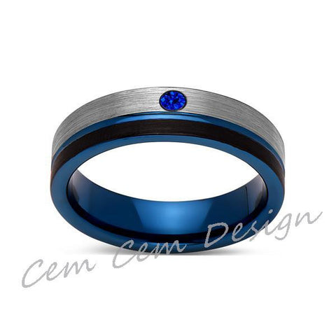 6mm,Blue Sapphire,Brushed Gun Metal,Gray and Black,Blue Tungsten Ring,Mens Wedding Band,Comfort Fit - LUXURY BANDS LA