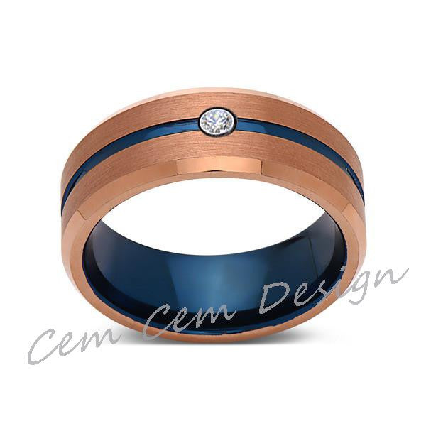 8mm,Diamond,Brushed Rose Gold,Blue,Tungsten Ring,Mens Wedding Band,Blue Mens Ring - LUXURY BANDS LA