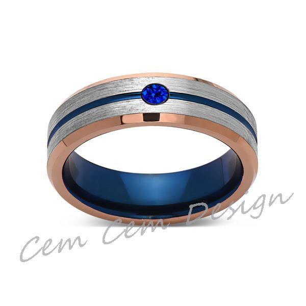 6mm,Blue Sapphire,Brushed Rose Gold,Gray and Blue,Tungsten Ring,Matching ,Mens Wedding Band,Blue Ring,Comfort Fit - LUXURY BANDS LA