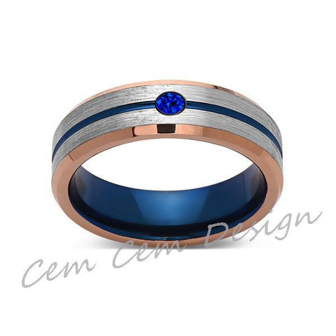 6mm,Blue Sapphire,Brushed Rose Gold,Gray and Blue,Tungsten Ring,Matching ,Mens Wedding Band,Blue Ring,Comfort Fit - LUXURY BANDS LA