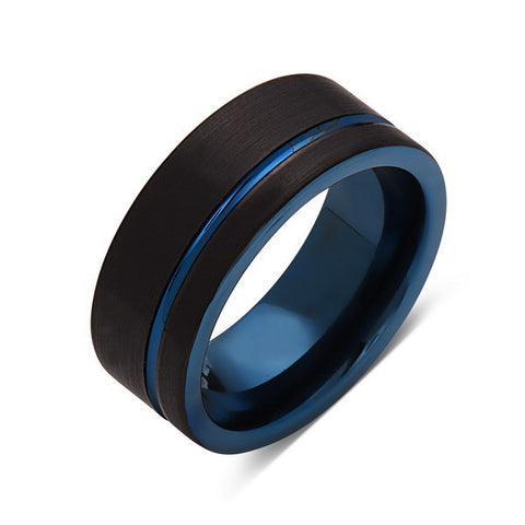 Blue Tungsten Wedding Band - Black Brushed Tungsten Ring - 8mm - Mens Ring - Tungsten Carbide - Engagement Band - Comfort Fit - LUXURY BANDS LA