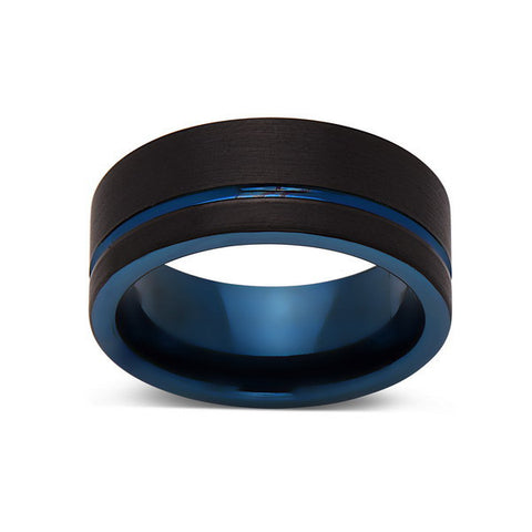 Blue Tungsten Wedding Band - Black Brushed Tungsten Ring - 8mm - Mens Ring - Tungsten Carbide - Engagement Band - Comfort Fit - LUXURY BANDS LA