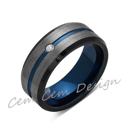 8mm,Diamond,Brushed Gun Metal,Gray and Black,Blue Tungsten Ring,Mens Wedding Band,Comfort Fit - LUXURY BANDS LA