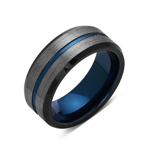 Blue Tungsten Wedding Band - Gray Brushed Tungsten Ring - 8mm - Mens