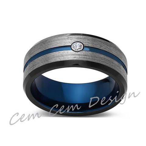 8mm,Diamond,Brushed Gun Metal,Gray and Black,Blue Tungsten Ring,Mens Wedding Band,Comfort Fit - LUXURY BANDS LA