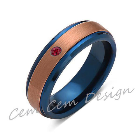 6mm,Red Ruby,Brushed Rose Gold and Blue,Tungsten Ring,Mens Wedding Band,Blue Mens Ring,Comfort Fit - LUXURY BANDS LA