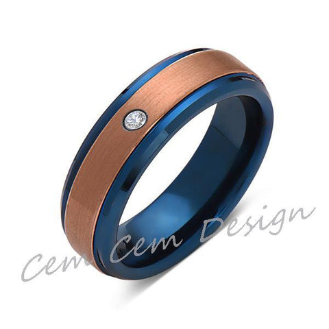 6mm,Diamond,Brushed Rose Gold and Blue,Tungsten Ring,Mens Wedding Band,Blue Mens Ring,Comfort Fit - LUXURY BANDS LA