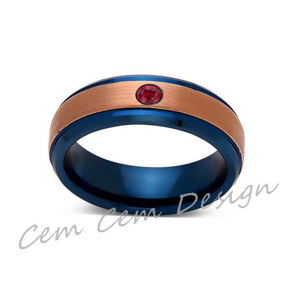 6mm,Red Ruby,Brushed Rose Gold and Blue,Tungsten Ring,Mens Wedding Band,Blue Mens Ring,Comfort Fit - LUXURY BANDS LA