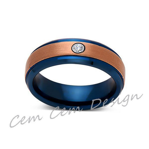 6mm,Diamond,Brushed Rose Gold and Blue,Tungsten Ring,Mens Wedding Band,Blue Mens Ring,Comfort Fit - LUXURY BANDS LA