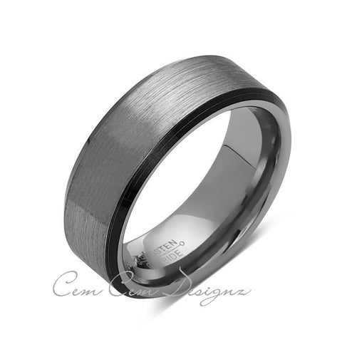 8mm,New,Unique,Flat,Gray Gun Metal Bushed,Black Tungsten Rings,Mens Wedding Band,Comfort Fit - LUXURY BANDS LA